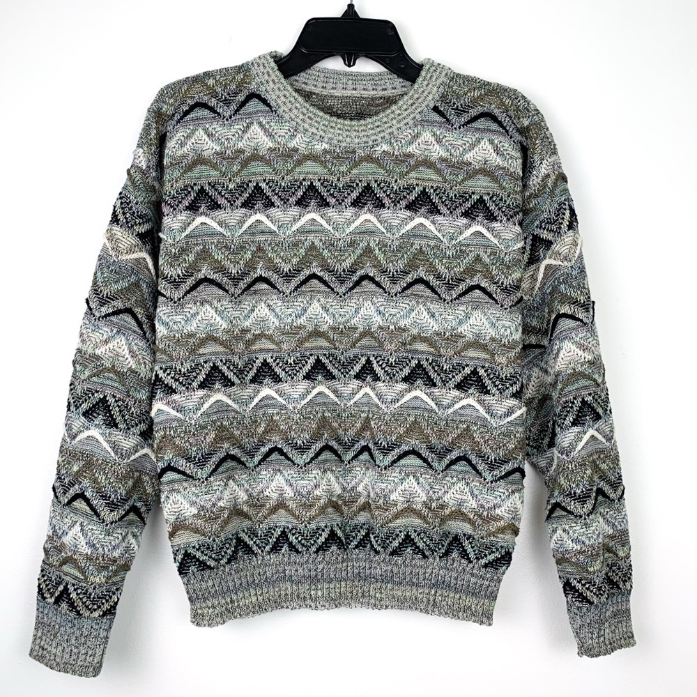 Vintage 90s zig zag sweater gray pullover crew neck textured knit size medium